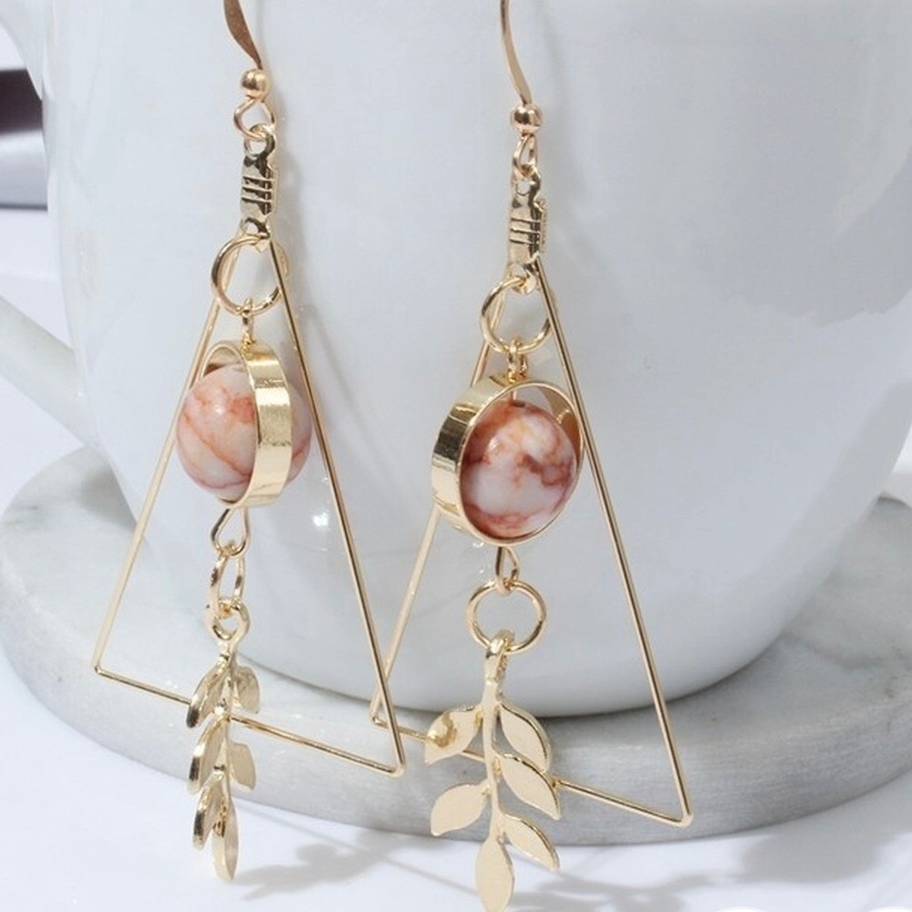 Triangle Hollowed Leaf Marble Earrings Long Style